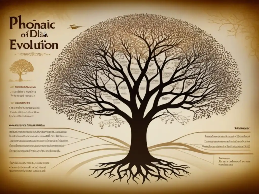 Un laberinto de símbolos fonéticos y árboles genealógicos conecta dialectos regionales en una ilustración vintage detallada con tonos sepia