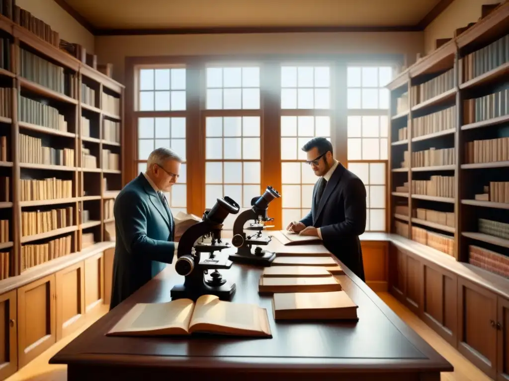 Un laboratorio genealógico vintage ilustrado con detalle, bañado en cálida luz dorada