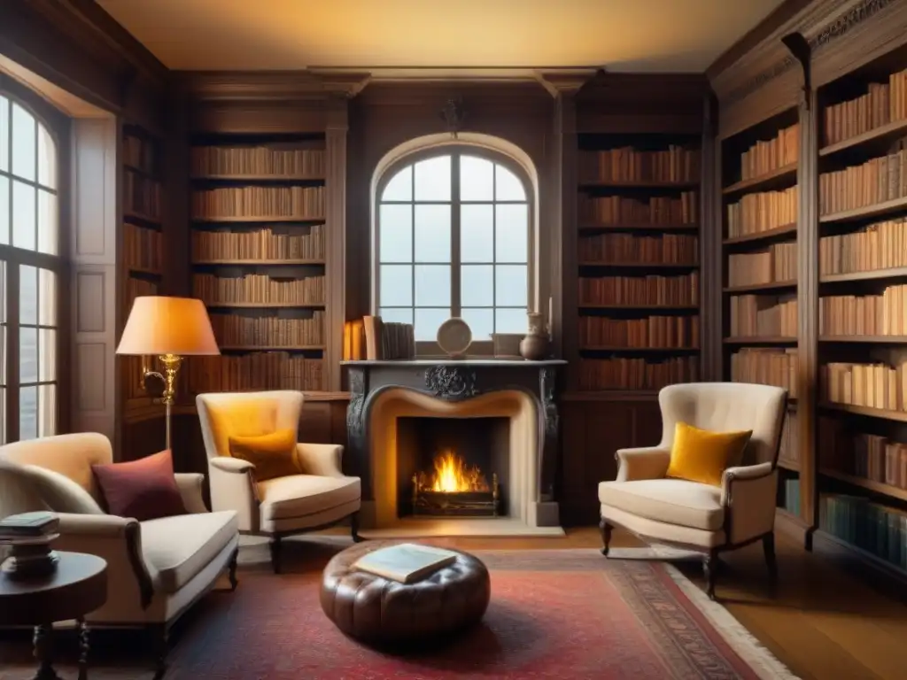 Un rincón de lectura acogedor en una biblioteca vintage con estanterías llenas de libros antiguos, una chimenea y una mesa con libros y pluma