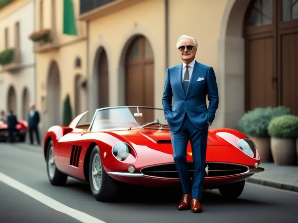 El legendario Enzo Ferrari junto a un clásico Ferrari rojo, ondeando la bandera italiana