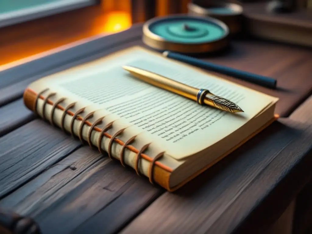 Una libreta familiar encuadernada a mano descansa en una mesa de madera, iluminada por luz natural