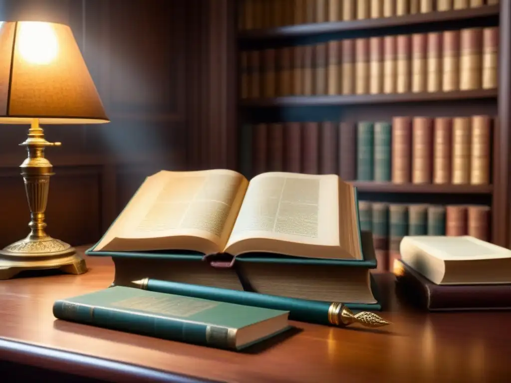 Un libro antiguo con detalles dorados, plumín y mapa en estudio con técn