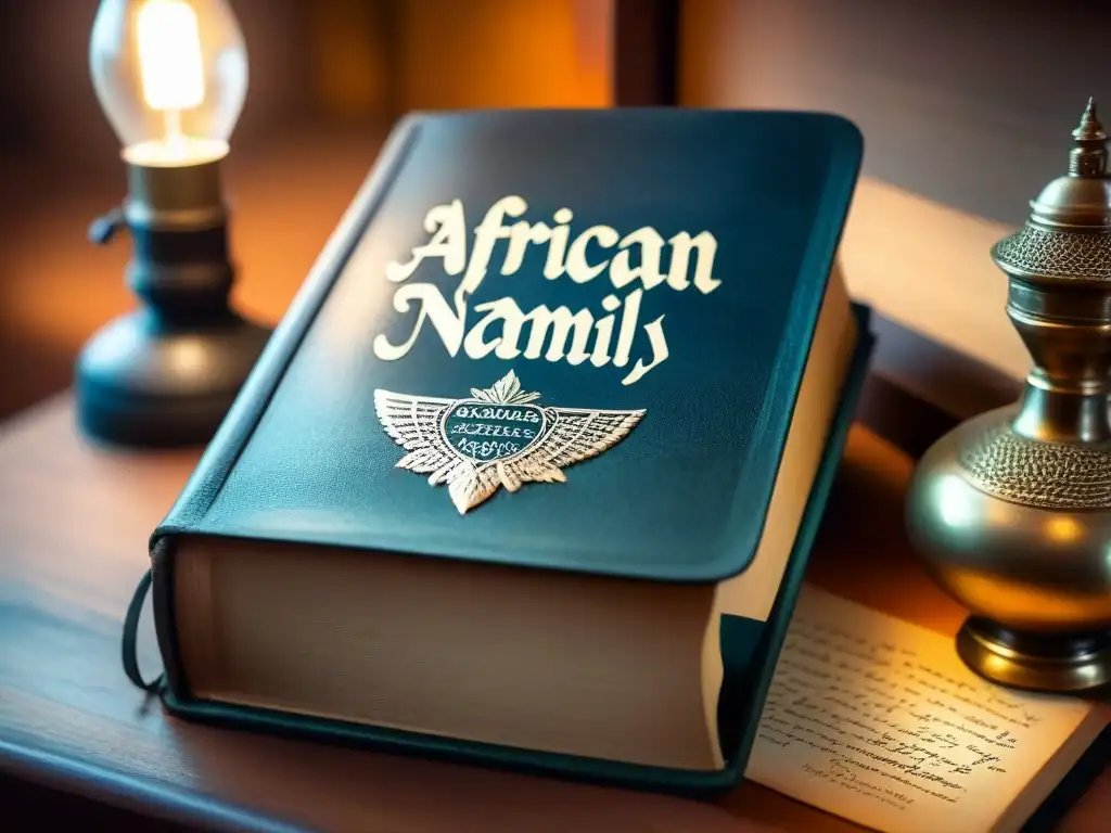 Libro antiguo con historia de apellidos africanos en registros manuscritos detallados, iluminados por una lámpara cálida