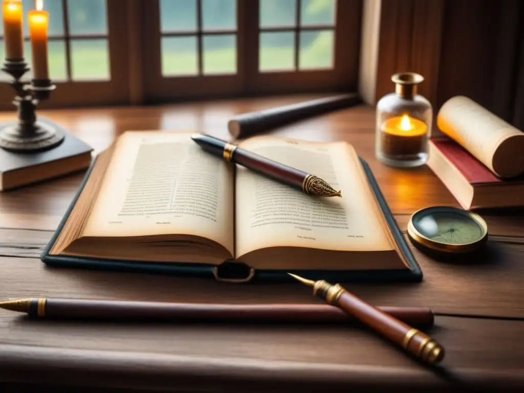 Libro de genealogía familiar en mesa de madera con plumas, fotos antiguas y lupa vintage