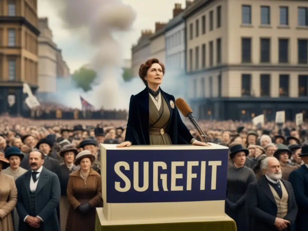 Emmeline Pankhurst liderando la lucha por el sufragio en una plaza histórica