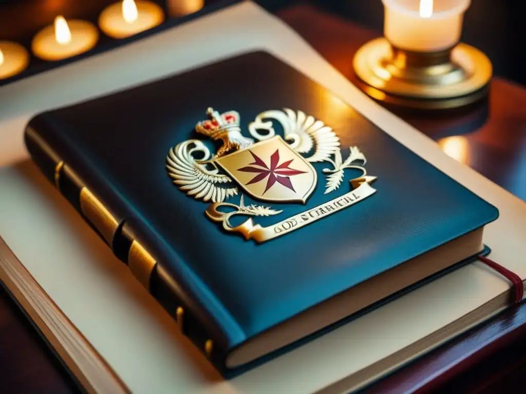 Una lujosa libreta con escudo de familia, iluminada por suave luz de vela en un elegante escritorio de caoba