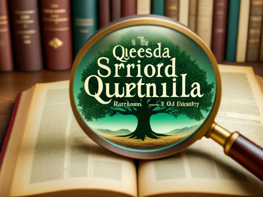 En una ilustración vintage, una lupa se cierne sobre un árbol genealógico intrincado con apellidos inusuales como 'Quesada', 'Quevedo' y 'Quintanilla'