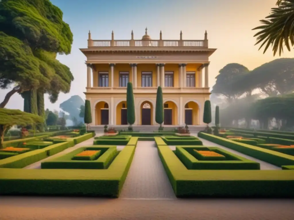 Majestuosa mansión ancestral de la familia Lira, con detalles arquitectónicos y jardines exuberantes al atardecer