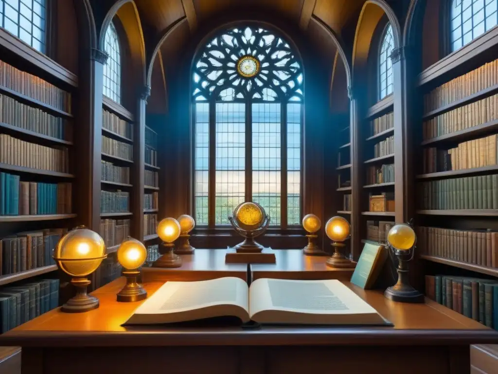 Una majestuosa biblioteca antigua con libros, instrumentos científicos y planos arquitectónicos