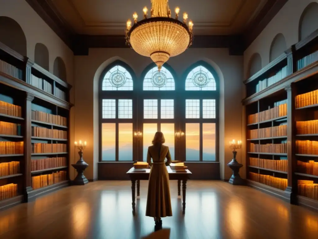 Majestuosa biblioteca con mujeres con apellidos históricos 'M', libros antiguos y chandelier dorado