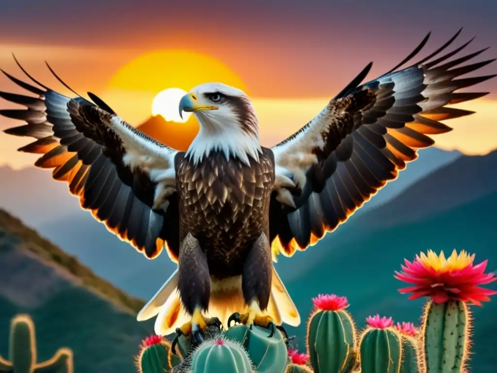 Un águila majestuosa en un cactus al atardecer, simbolizando la conexión con la naturaleza y la heráldica indígena