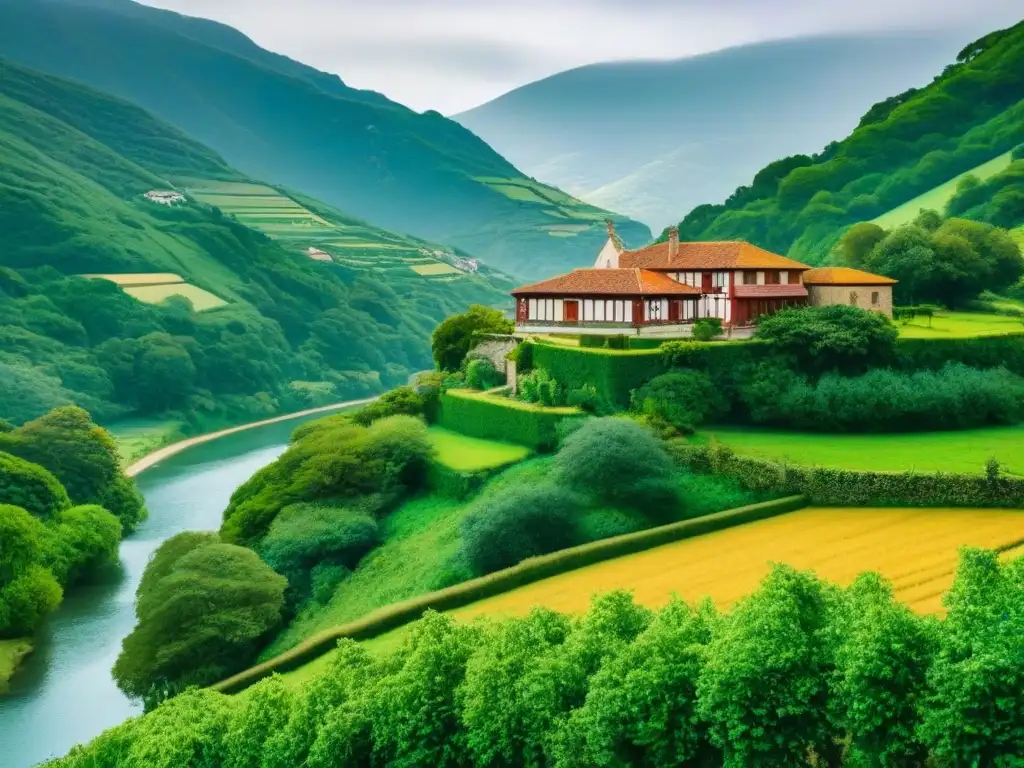 Una majestuosa casa ancestral en el campo vasco, rodeada de exuberante vegetación y un río sereno