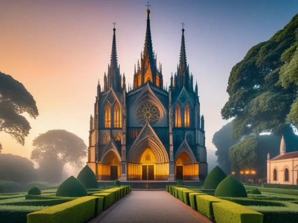 Majestuosa catedral gótica al atardecer, rodeada de vegetación, invita a descubrir el significado del apellido Iglesias