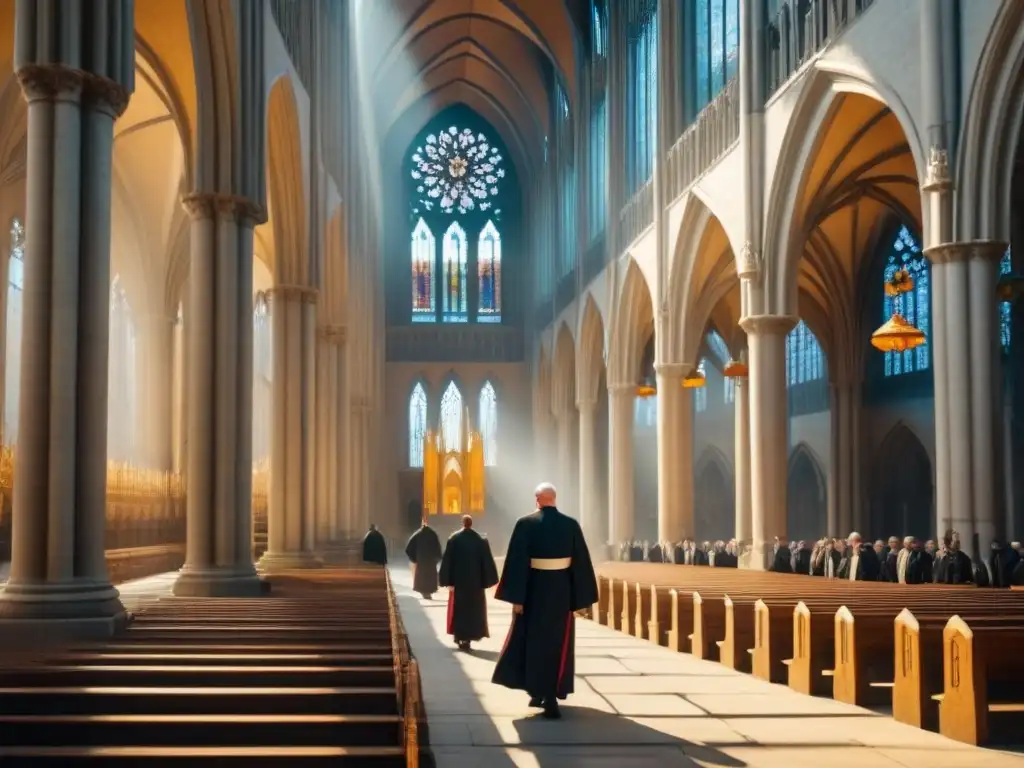 Majestuosa catedral gótica con clero solemne y vitrales