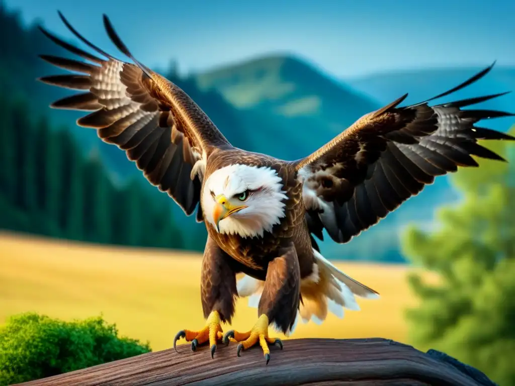 Un águila majestuosa sobrevolando el cielo azul, con sus alas extendidas y la luz del sol brillando en sus plumas