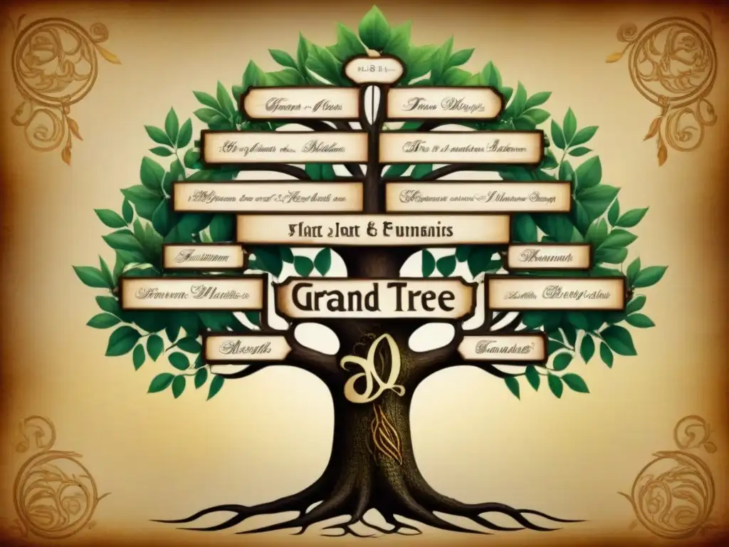 Una majestuosa ilustración detallada de un árbol genealógico, rodeado de pergaminos antiguos y plumas, evocando la historia de apellidos y genealogía