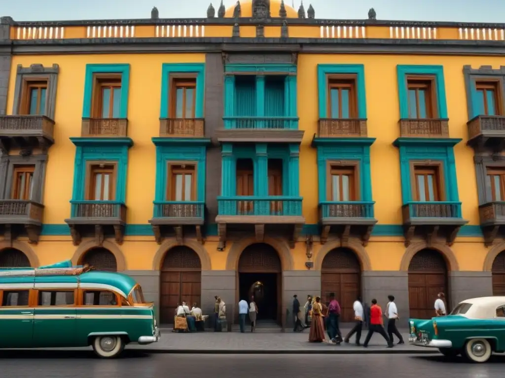 Majestuosa fachada del Palacio Lecumberri rodeada de bulliciosas calles en la Ciudad de México de principios del siglo XX