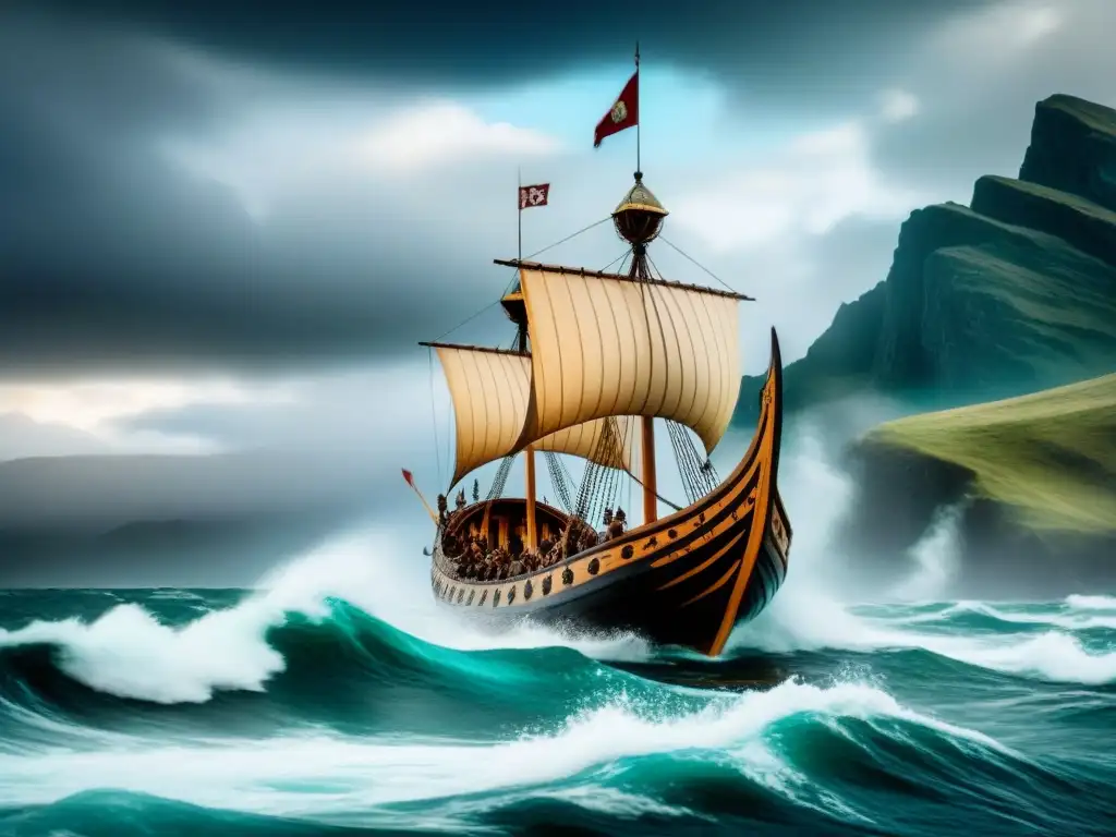 Una majestuosa nave vikinga surca aguas turbulentas bajo un cielo dramático, evocando las mitologías escandinavas