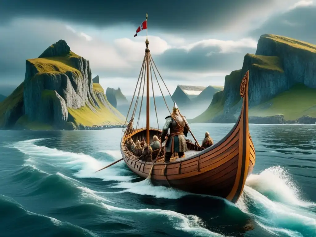 Una majestuosa nave vikinga surca aguas nórdicas turbulentas bajo un cielo tormentoso, con guerreros y aldeas al fondo