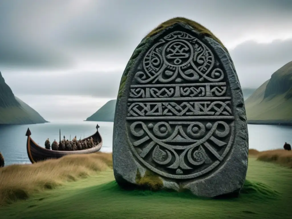 Majestuosa piedra rúnica vikinga en paisaje nórdico neblinoso