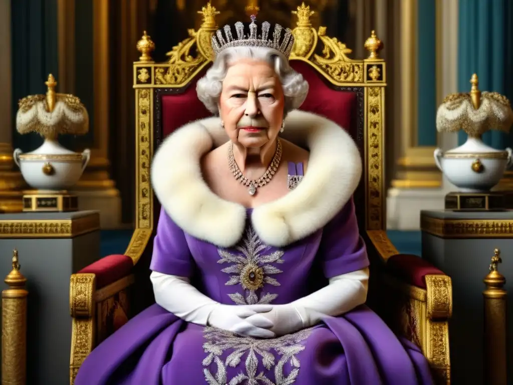 Retrato vintage de la Reina Isabel II en Buckingham Palace La majestuosa reina Elizabeth II en su trono real, reflejando autoridad y gracia