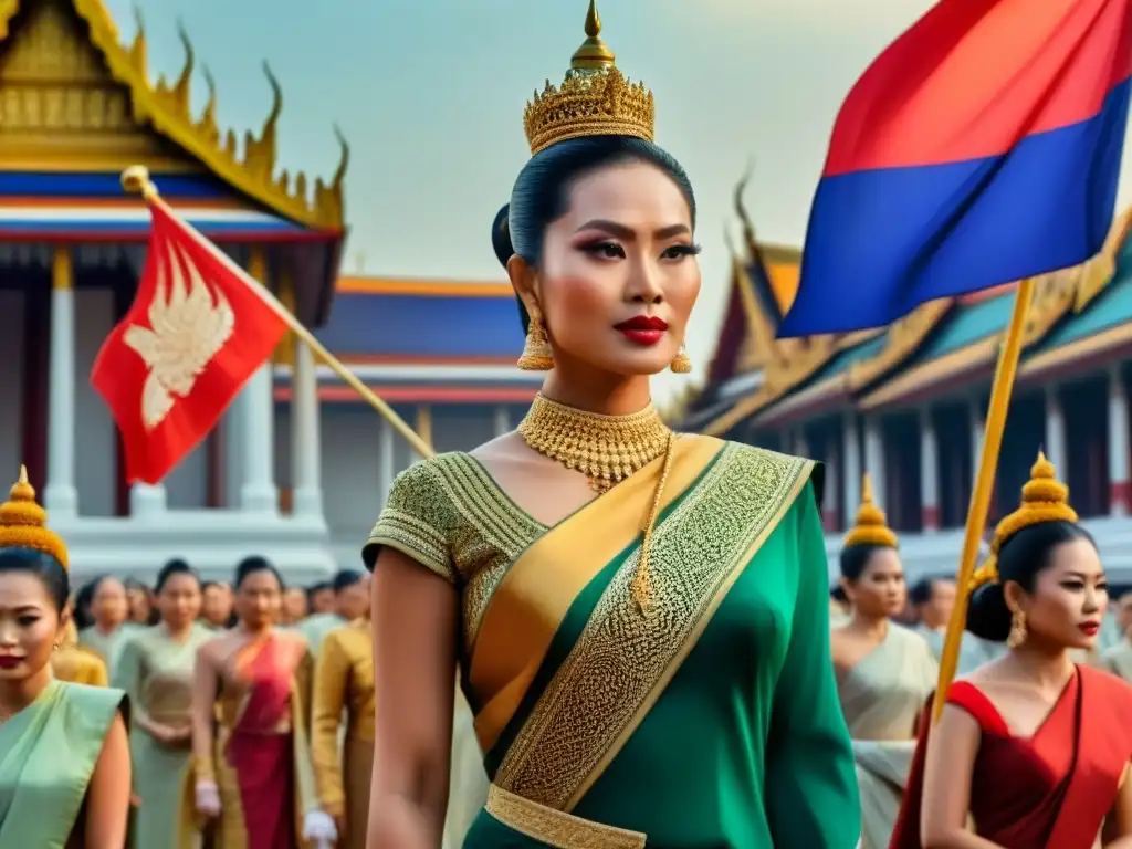 Majestuosa procesión real tailandesa con atuendos tradicionales, palacio de fondo