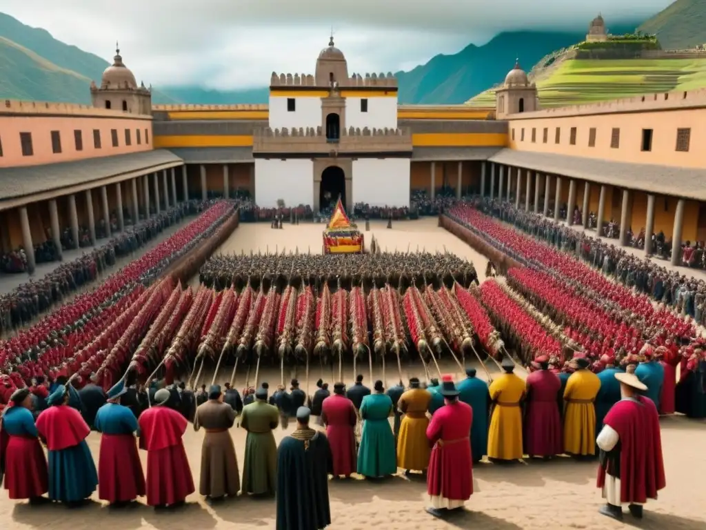 Conquista de los Incas: Francisco Pizarro y su Ejército en la Capital Inca La majestuosidad de la Plaza Principal del Imperio Inca durante la conquista española