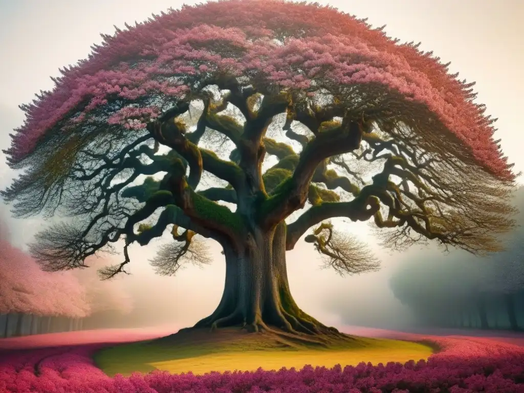 Un majestuoso árbol ancestral europeo detallado, con raíces profundas y ramas que representan distintos países, en tonos cálidos y terrosos