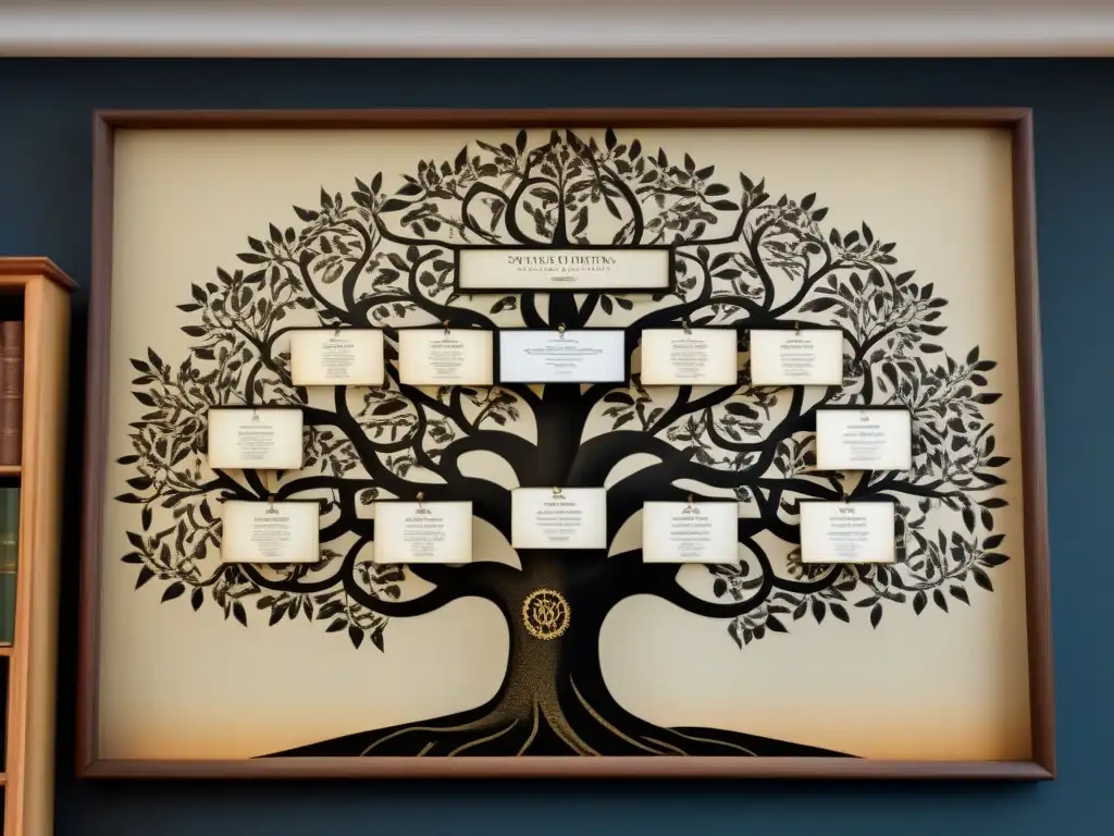 Un majestuoso árbol genealógico en sepia en una biblioteca, evocando historia, apellidos y genealogía social