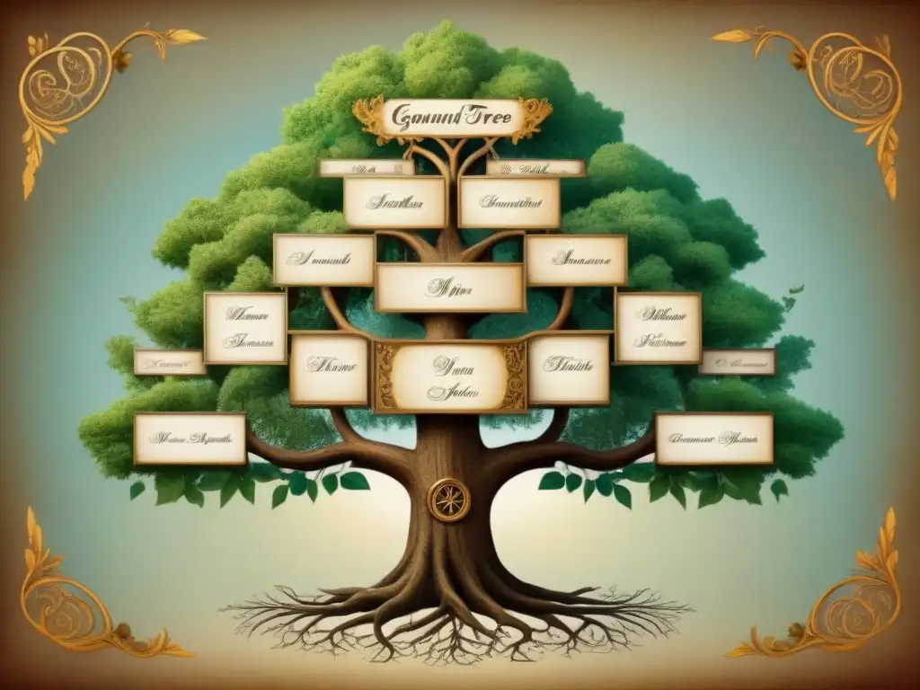 Un majestuoso árbol genealógico detallado que muestra generaciones de ancestros y descendientes entrelazados en una red compleja