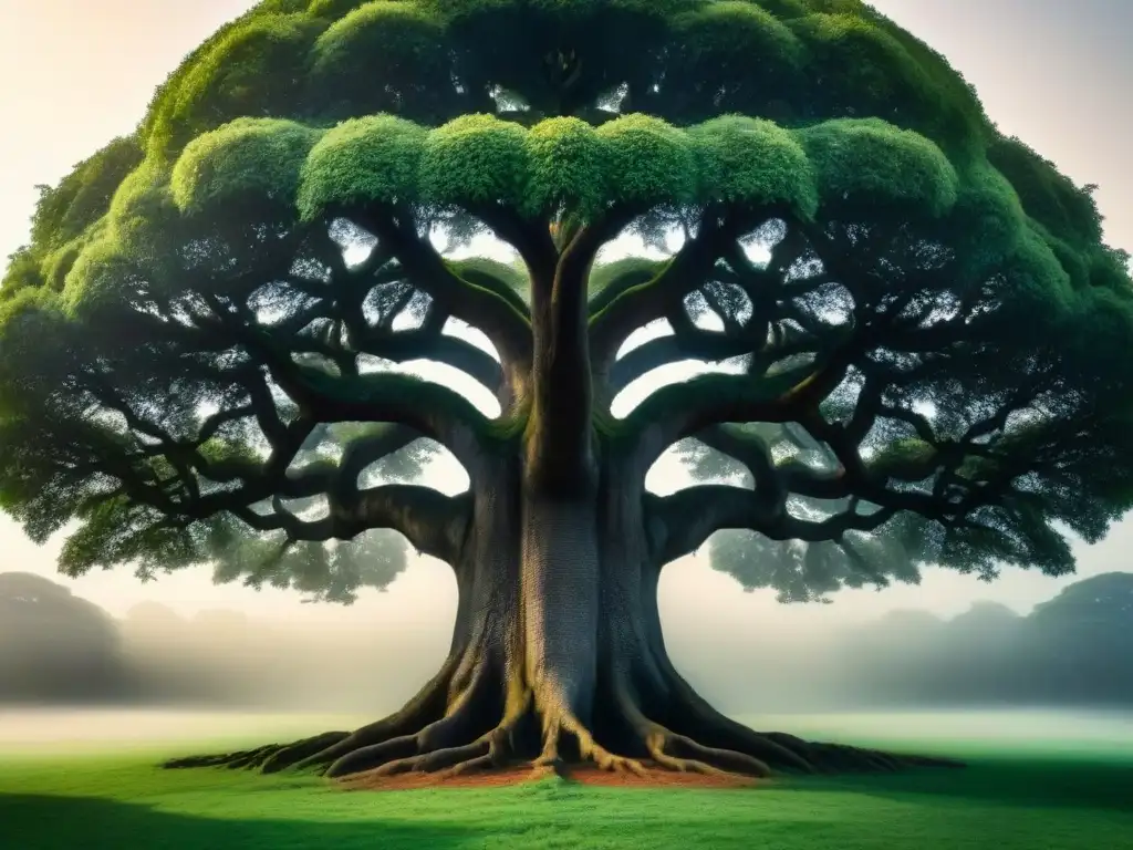 Un majestuoso árbol genealógico con tapices personalizados genealogía apellido, representando la esencia de la herencia familiar