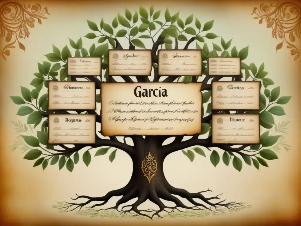 Un majestuoso árbol genealógico vintage con nombres de familias como García, López y Rodríguez