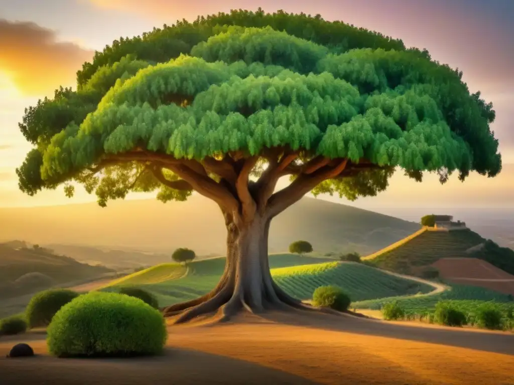 Un majestuoso árbol de higuera con hojas verdes y higos maduros al atardecer dorado