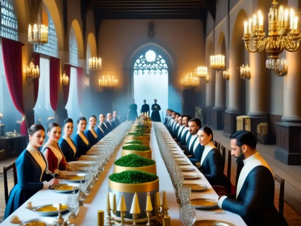 Un majestuoso banquete medieval en el salón Ducasse, con nobles, chandeliers y lujo