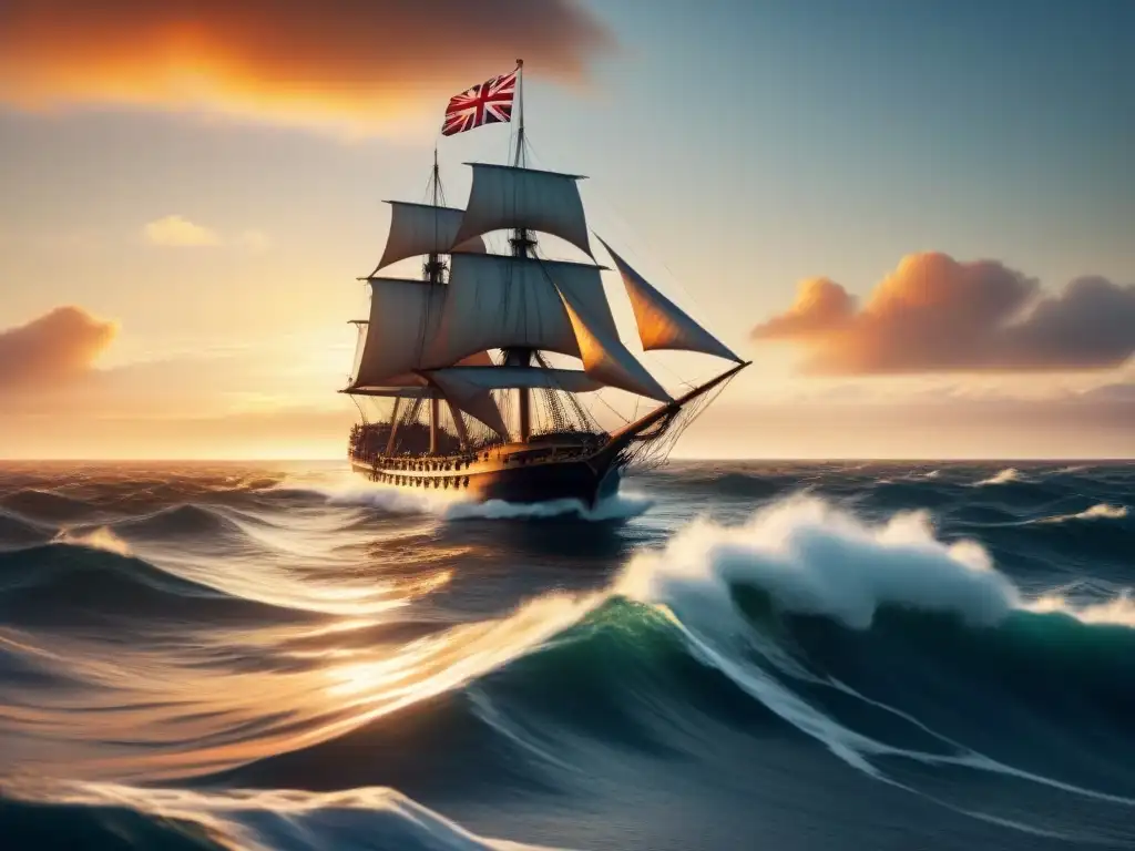 Un majestuoso barco británico navegando hacia América al atardecer