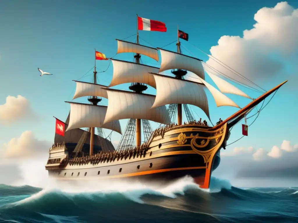 Un majestuoso barco de época navega hacia las Américas, con escudos nobles ondeando en el viento