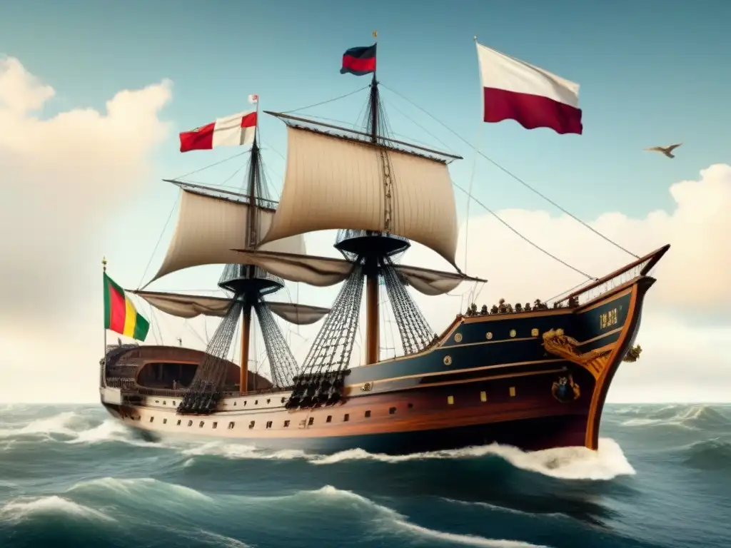 Un majestuoso barco surca el océano con banderas bálticas mientras genealogías se entrelazan, evocando los Apellidos bálticos en América