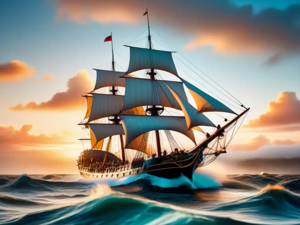 Un majestuoso barco de vela en aguas turbulentas al atardecer, con detalles históricos que reflejan la historia del apellido Jorquera