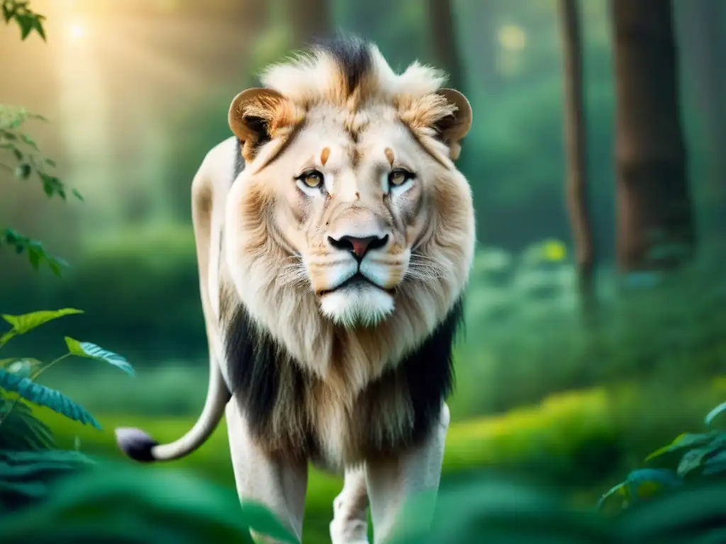 Un majestuoso león blanco en un bosque exuberante, simbolizando fuerza y pureza