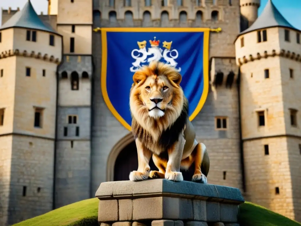 Un león majestuoso y un castillo europeo con banderas heráldicas, simbolizando el significado de los colores de la paleta heráldica en Europa