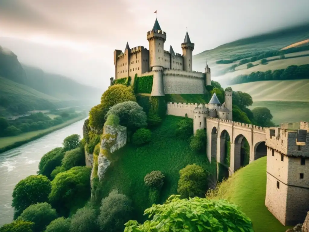 Majestuoso castillo medieval en acantilado, rodeado de naturaleza exuberante y río