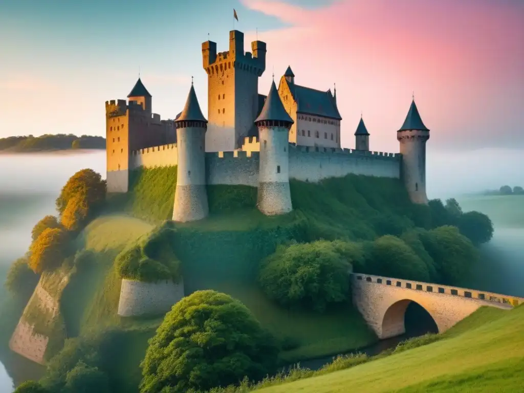 Majestuoso castillo medieval de la familia Hostalrich rodeado de naturaleza exuberante al atardecer