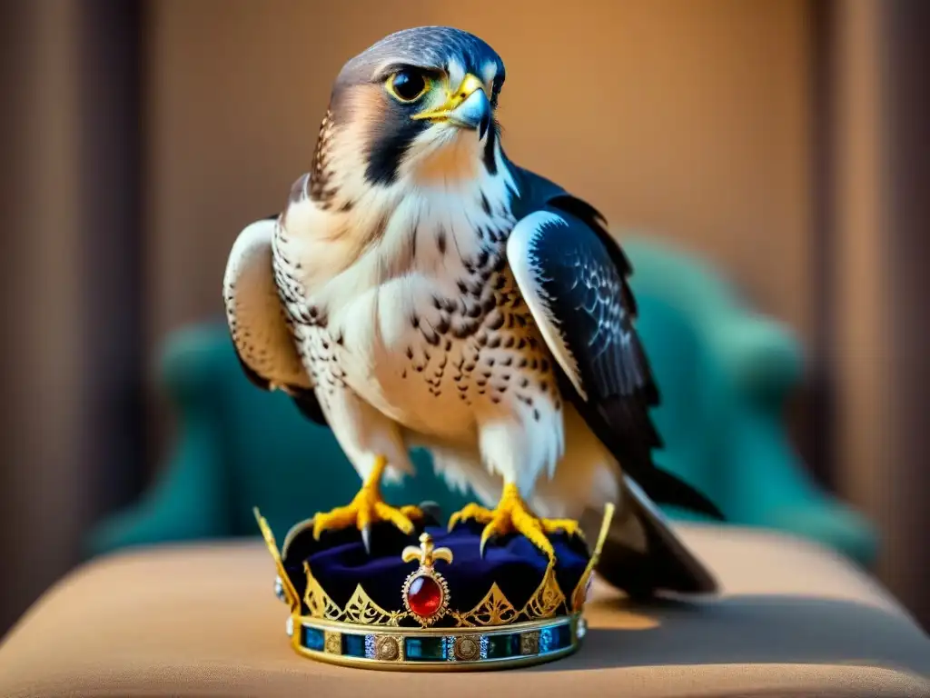 Un majestuoso halcón reposa sobre una corona real, simbolizando nobleza y libertad