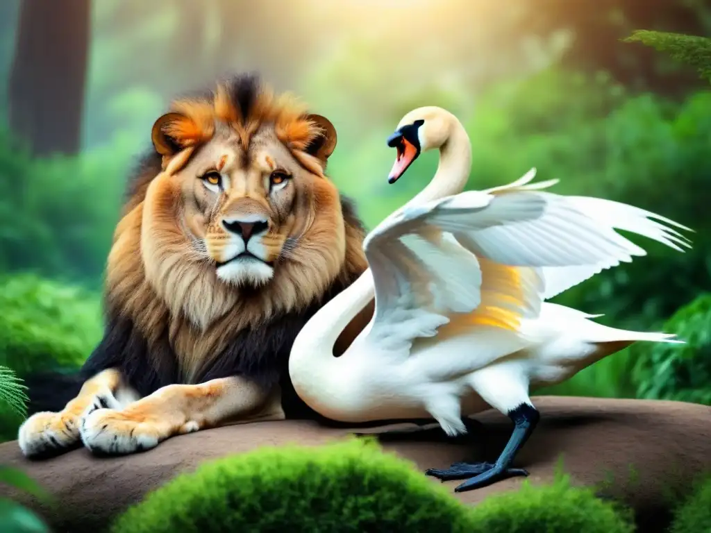 Un majestuoso león y un elegante cisne entrelazados, simbolizando fuerza, gracia y unidad en un exuberante bosque, con detalles intrincados en cada pluma y mechón de pelo, evocando herencia y belleza natural