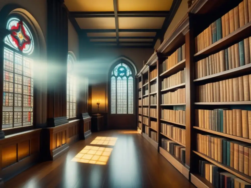 Un majestuoso escenario de una biblioteca antigua repleta de sabiduría y tradición, ideal para los Apellidos con Tradición Histórica T