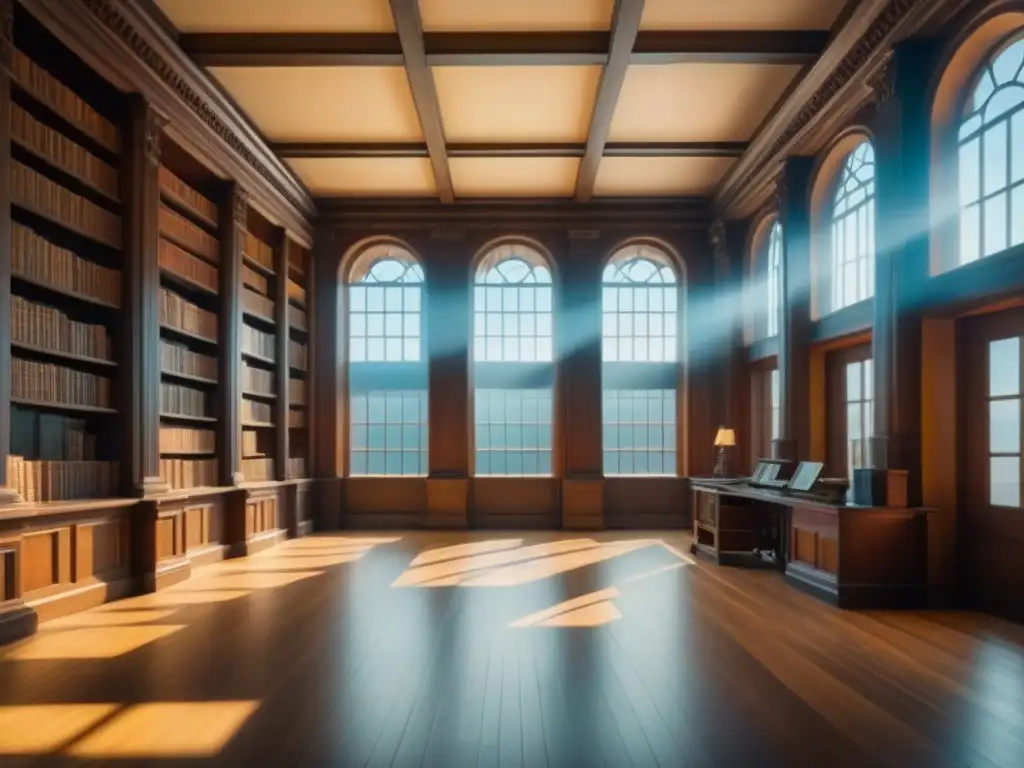 Un majestuoso escenario en una biblioteca antigua, iluminada por rayos de sol, con libros de genealogía