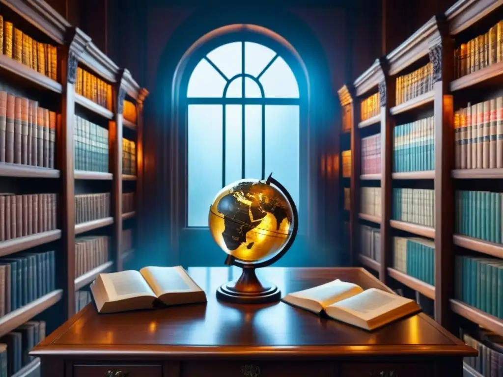 Un majestuoso escenario en una biblioteca antigua con libros de cuero, un globo terráqueo y un escritorio vintage