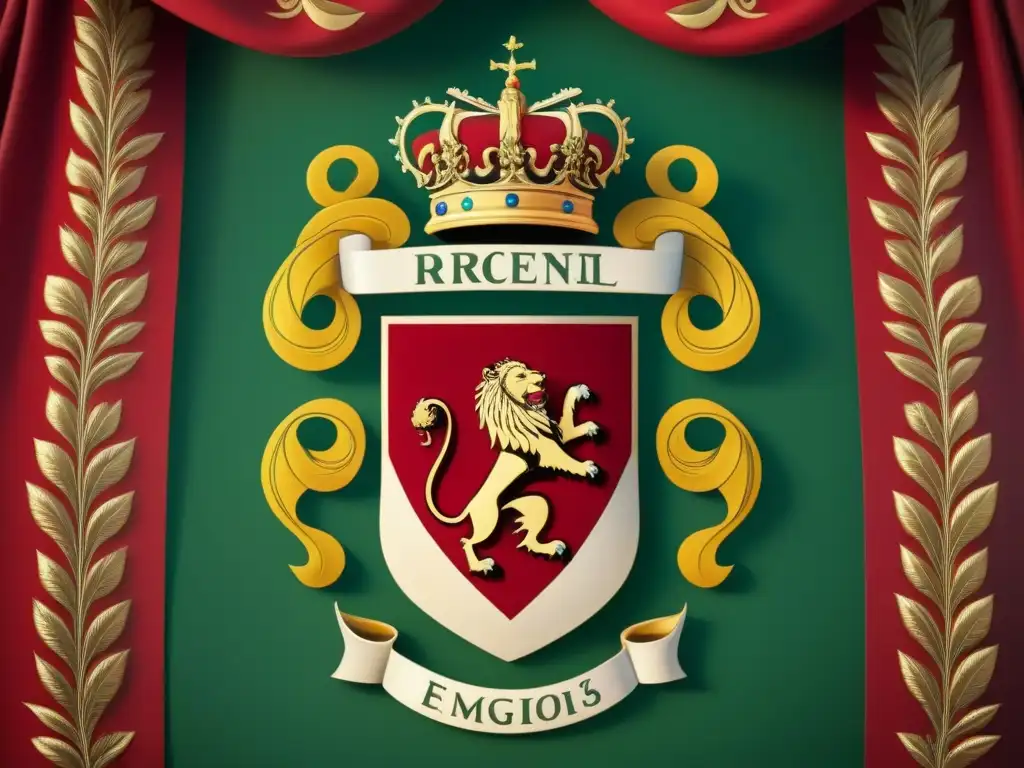 Un majestuoso escudo de armas ancestral de la familia Echevarría, con detalles intrincados y símbolos heraldicos