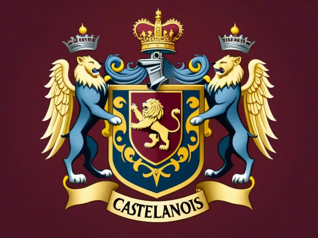 Un majestuoso escudo de armas con símbolos heráldicos detallados en una rica paleta de colores, representando la historia de los apellidos Castellanos