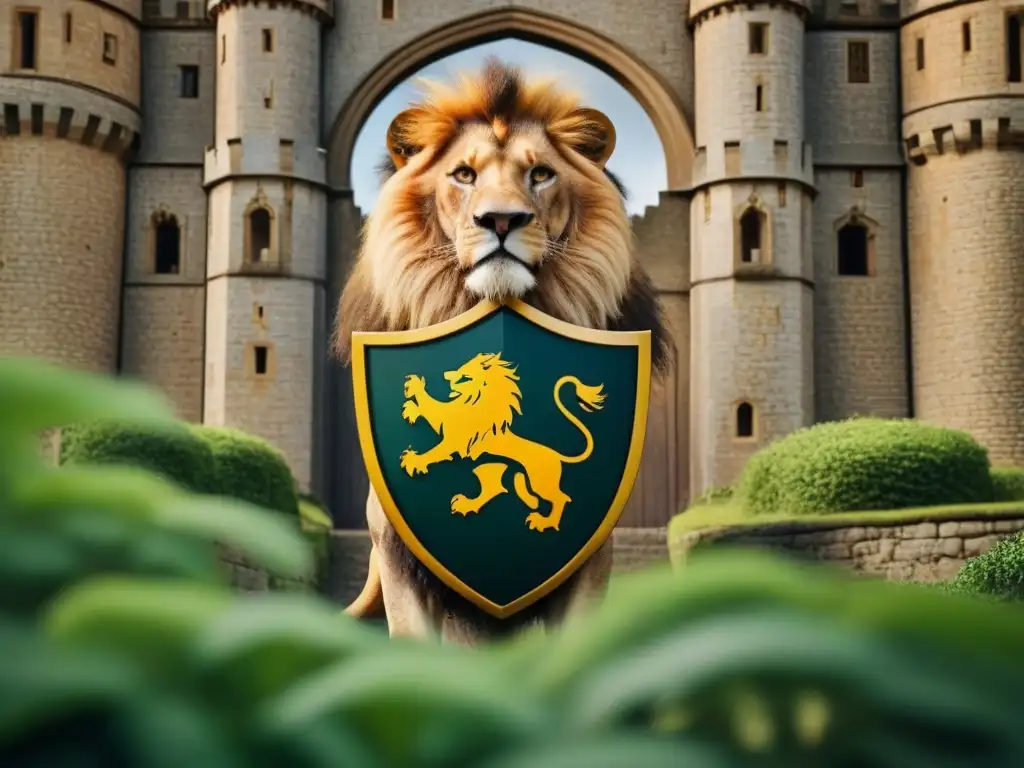 Un majestuoso león rampante sostiene un escudo heráldico rodeado de símbolos, frente a un castillo medieval y exuberante vegetación